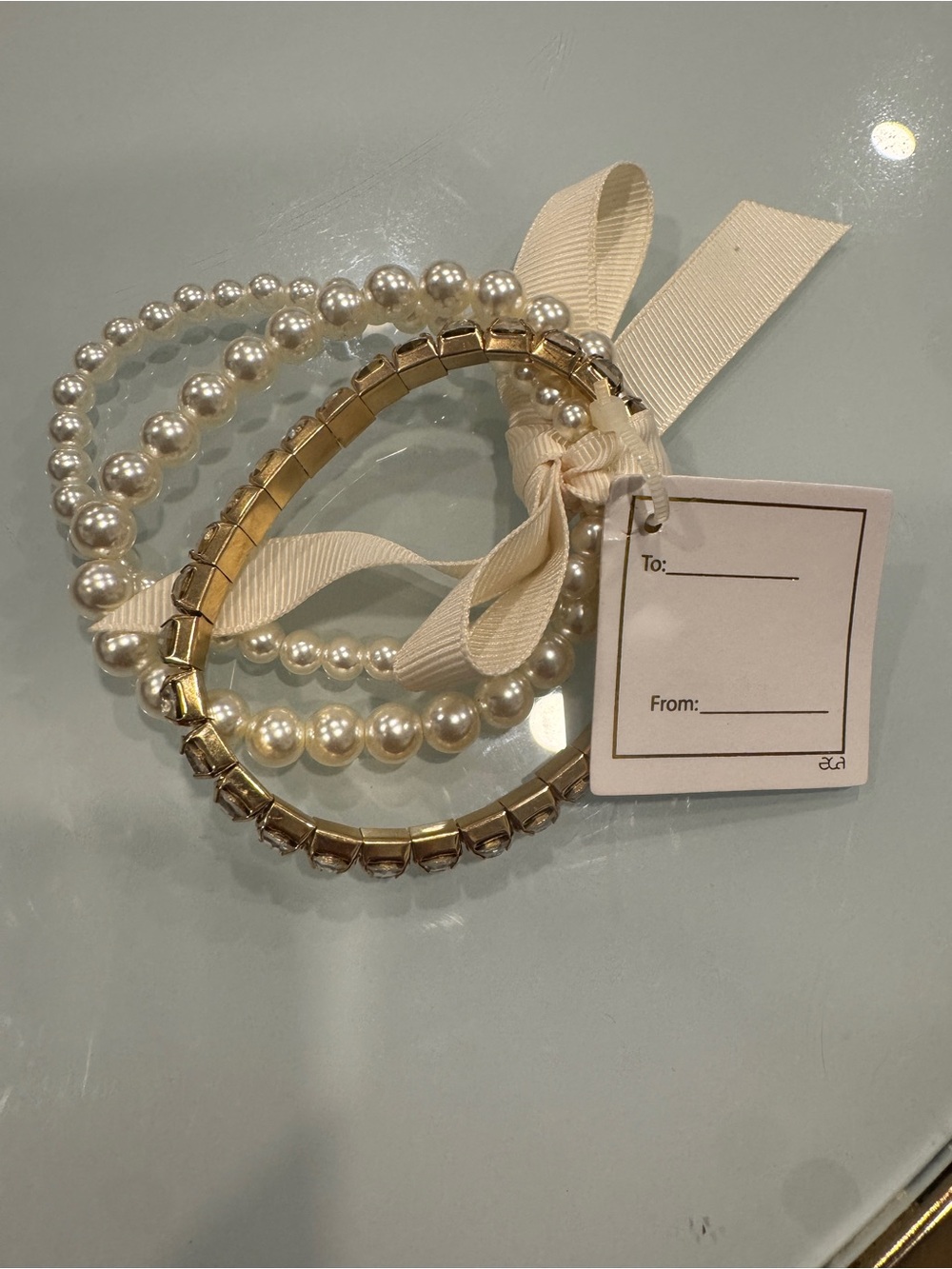 Pearl and Gold Stretch Bracelet Set with Cream Ribbon